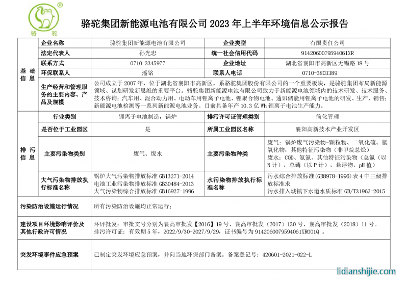 駱駝集團新能源電池有限公司2023年上半年環境信息公示報告